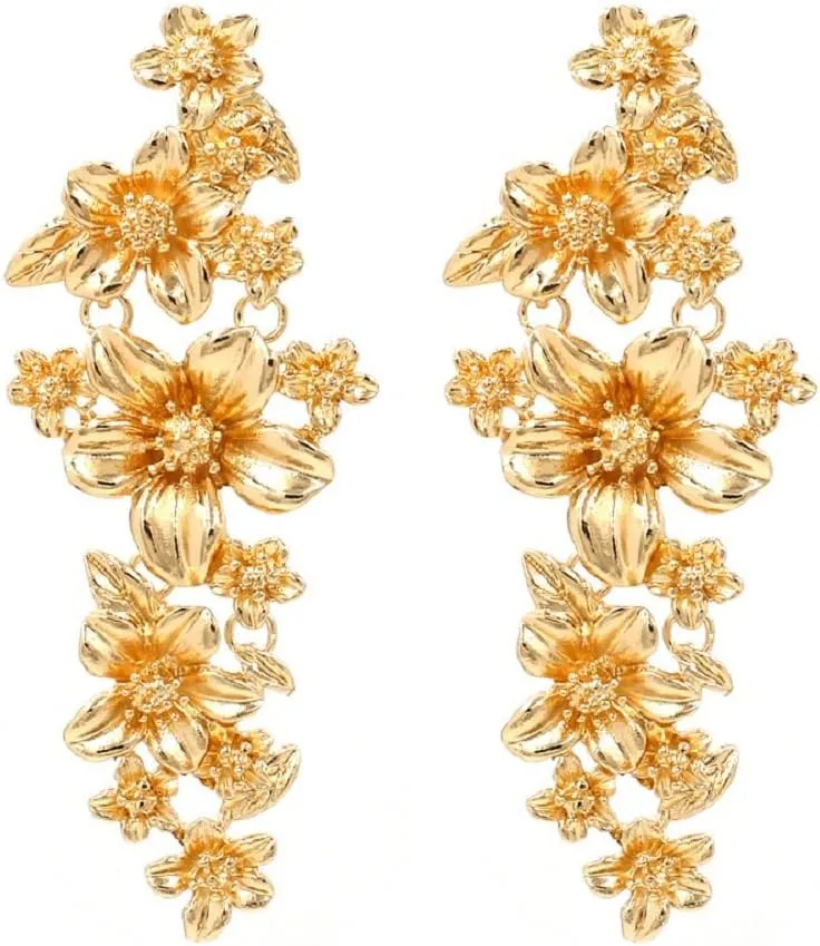 Flower Earrings for Women, Flower Floral Earrings Flower Chandelier Dangle Earrings Hypoallergenic, Gold Hawaiian Flowers Drop Earrings, Flower Jewelry Funny Earrings
