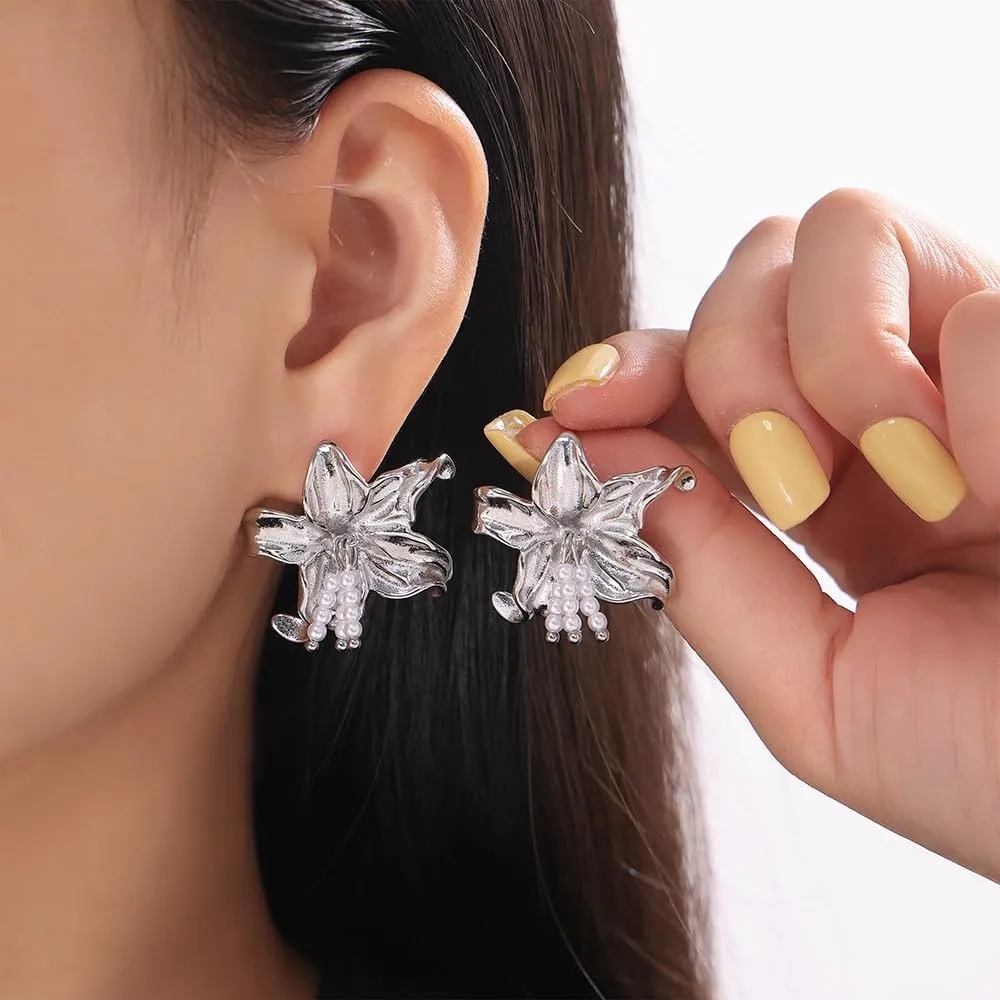 Flowers Stud Earrings for Women Pearl Tassel Dangle Earrings Dainty Floral Studs Ear Hypoallergenic for Wedding Anniversary Party Ornaments
