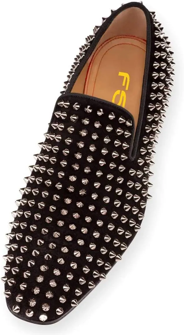 FSJ Men's & Women's Trendy Spiked Rivets Studded Loafers Shoes Round Toe Low Heel Comfort Slip On Unisex Dress Smoking Slipper Size 7-14 US