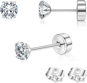 G23 Titanium Hypoallergenic Earrings for Women Men Threadless Flat Back Earrings Gold Silver Earrings Studs Flatback Tiny 2mm/3mm/4mm CZ Ball Dot Cartilage Earring Tragus Helix Piercing Jewelry