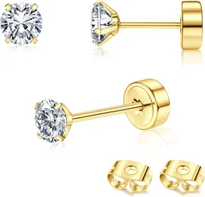 G23 Titanium Hypoallergenic Earrings for Women Men Threadless Flat Back Earrings Gold Silver Earrings Studs Flatback Tiny 2mm/3mm/4mm CZ Ball Dot Cartilage Earring Tragus Helix Piercing Jewelry