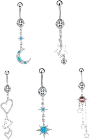 GALPADA Elegant Belly Button Ring Set 5pcs Dangle Navel Rings Piercing Jewelry