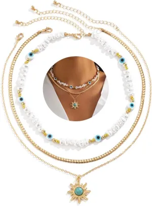 Gangel Boho Turquoise Necklace Gold Sun Pendant Necklaces Evil Eye Pearl Choker Necklaces Jewelry for Women