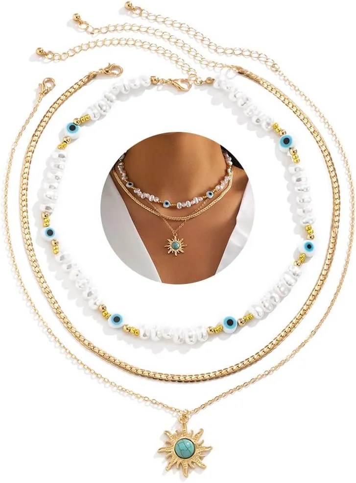 Gangel Boho Turquoise Necklace Gold Sun Pendant Necklaces Evil Eye Pearl Choker Necklaces Jewelry for Women
