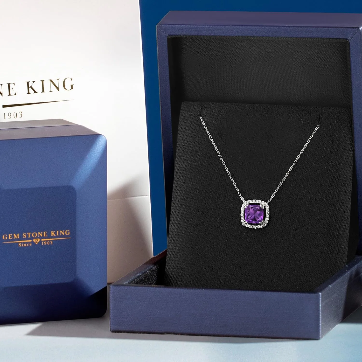 Gem Stone King 10K White Gold 6MM Cushion Gemstone Birthstone and White Lab Grown Diamond Halo Pendant Necklace | Gold Necklace For Women | With 18 Inch Chain