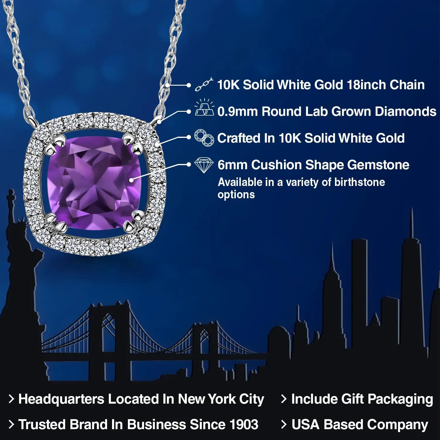 Gem Stone King 10K White Gold 6MM Cushion Gemstone Birthstone and White Lab Grown Diamond Halo Pendant Necklace | Gold Necklace For Women | With 18 Inch Chain