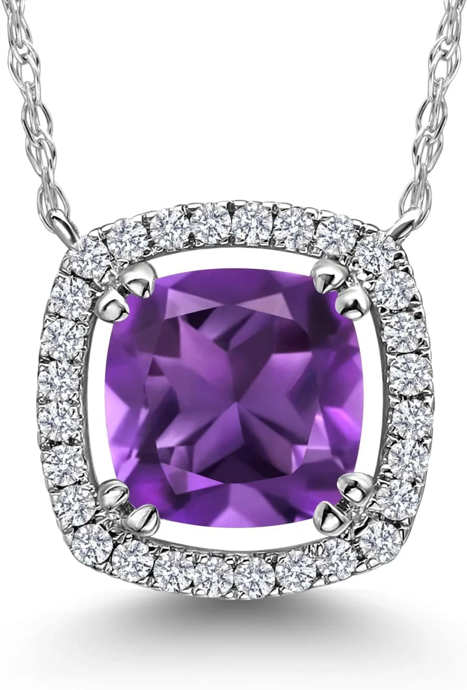 Gem Stone King 10K White Gold 6MM Cushion Gemstone Birthstone and White Lab Grown Diamond Halo Pendant Necklace | Gold Necklace For Women | With 18 Inch Chain