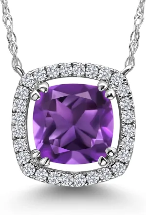 Gem Stone King 10K White Gold 6MM Cushion Gemstone Birthstone and White Lab Grown Diamond Halo Pendant Necklace | Gold Necklace For Women | With 18 Inch Chain