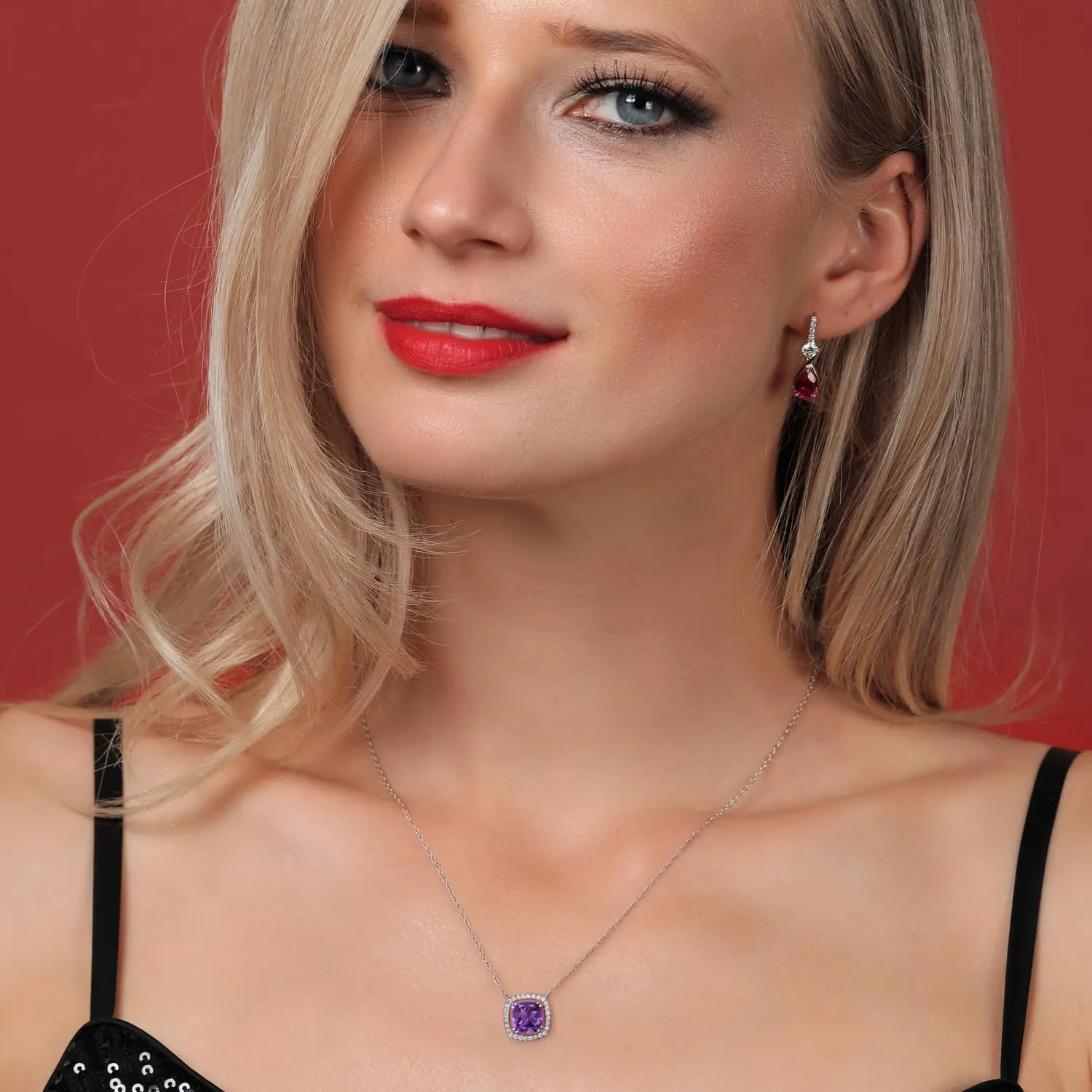 Gem Stone King 10K White Gold 6MM Cushion Gemstone Birthstone and White Lab Grown Diamond Halo Pendant Necklace | Gold Necklace For Women | With 18 Inch Chain