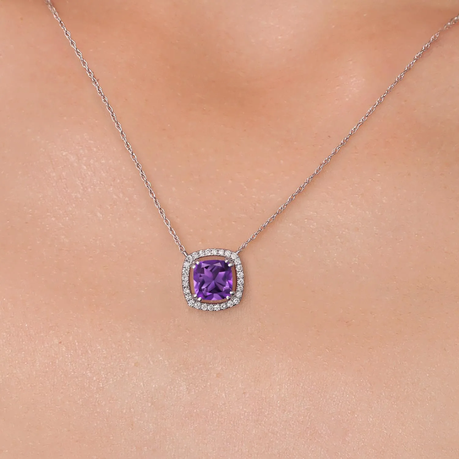 Gem Stone King 10K White Gold 6MM Cushion Gemstone Birthstone and White Lab Grown Diamond Halo Pendant Necklace | Gold Necklace For Women | With 18 Inch Chain