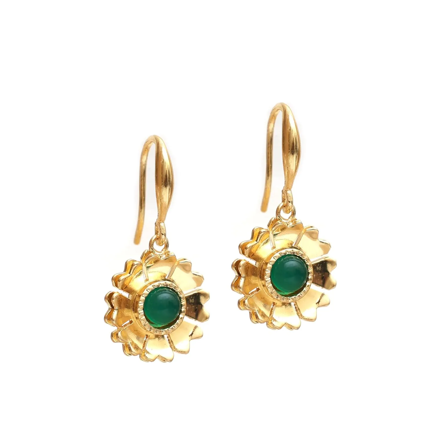 Gempires Minimalist Floral Dangle Earrings Green Onyx Crystal Handmade Jewelry Hypoallergenic Gold Plated Lightweight Classic Design Gemstone Dangling Earrings