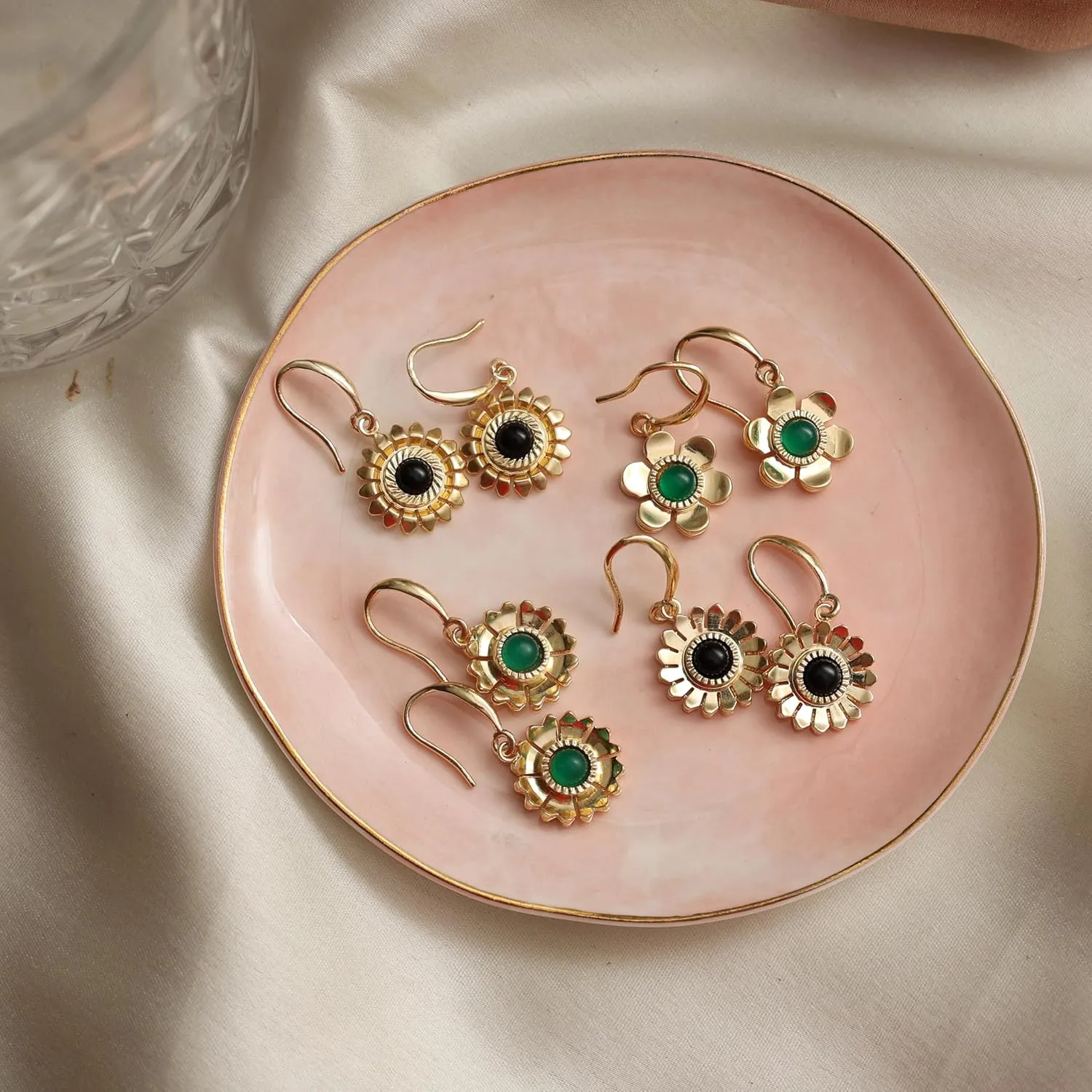 Gempires Minimalist Floral Dangle Earrings Green Onyx Crystal Handmade Jewelry Hypoallergenic Gold Plated Lightweight Classic Design Gemstone Dangling Earrings