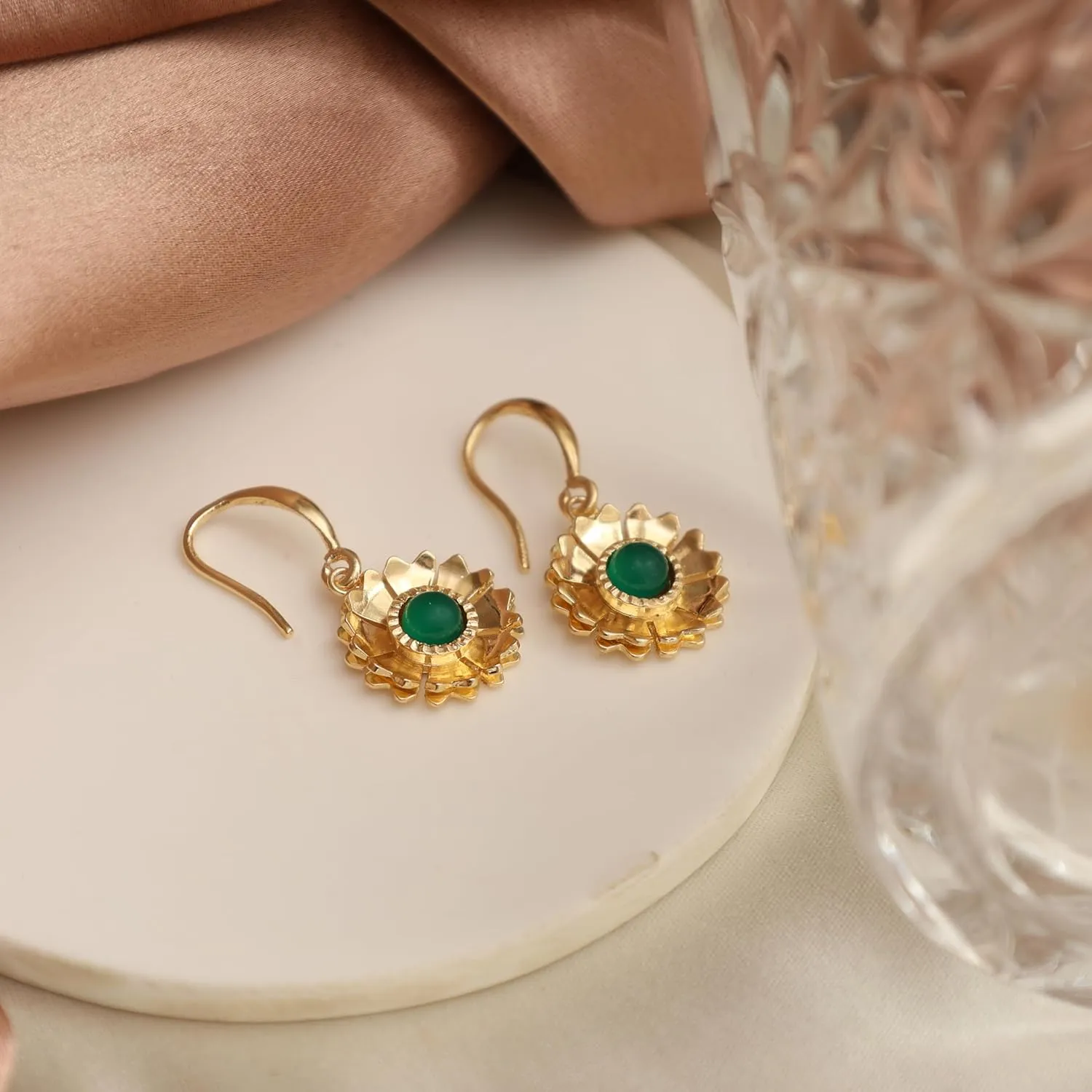 Gempires Minimalist Floral Dangle Earrings Green Onyx Crystal Handmade Jewelry Hypoallergenic Gold Plated Lightweight Classic Design Gemstone Dangling Earrings