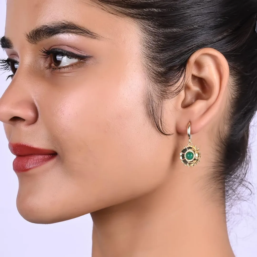 Gempires Minimalist Floral Dangle Earrings Green Onyx Crystal Handmade Jewelry Hypoallergenic Gold Plated Lightweight Classic Design Gemstone Dangling Earrings