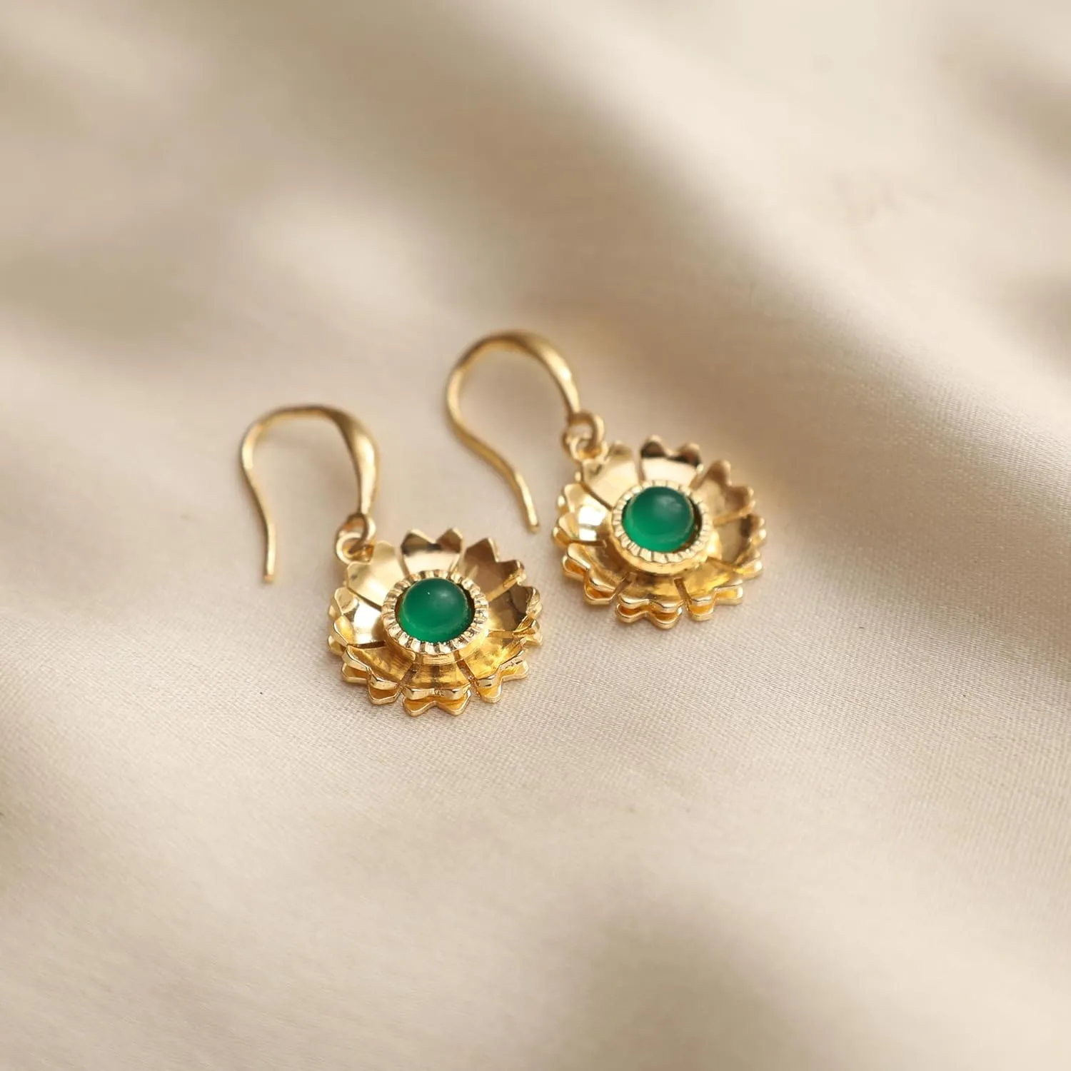 Gempires Minimalist Floral Dangle Earrings Green Onyx Crystal Handmade Jewelry Hypoallergenic Gold Plated Lightweight Classic Design Gemstone Dangling Earrings