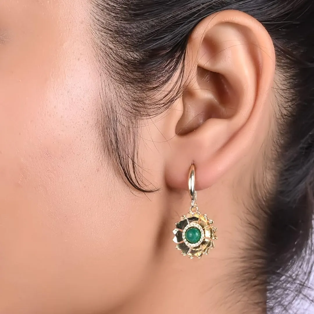Gempires Minimalist Floral Dangle Earrings Green Onyx Crystal Handmade Jewelry Hypoallergenic Gold Plated Lightweight Classic Design Gemstone Dangling Earrings