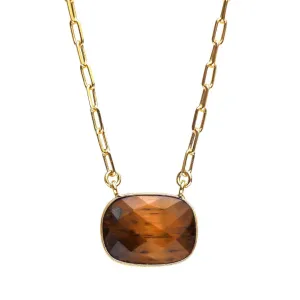 Gempires Tiger Eye Necklace, Brown Crystal Pendant, Bezel Necklace, Hypoallergenic 14k Gold Plating, Gift for s, Cushion Cut Pendant Necklace With 18 Inch Paper Clip Chain