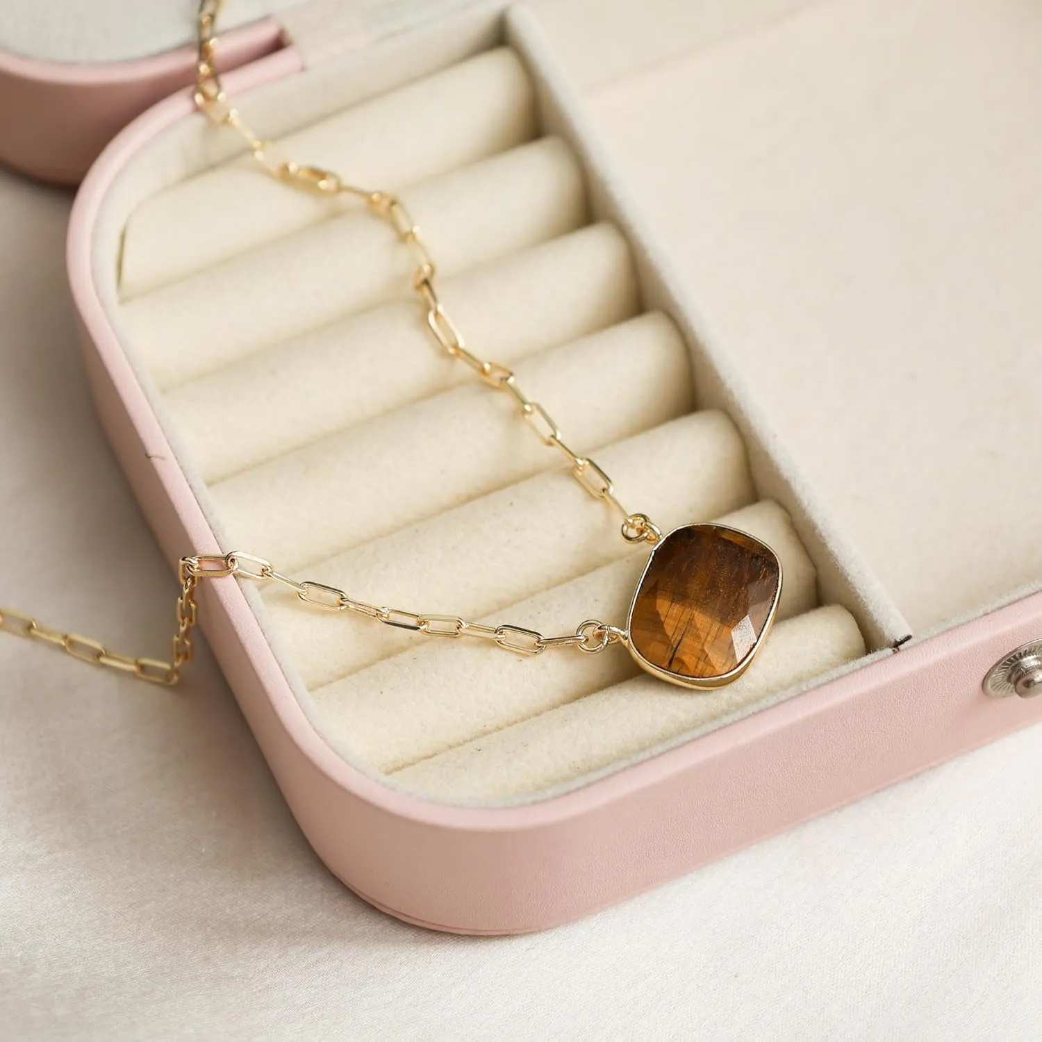 Gempires Tiger Eye Necklace, Brown Crystal Pendant, Bezel Necklace, Hypoallergenic 14k Gold Plating, Gift for s, Cushion Cut Pendant Necklace With 18 Inch Paper Clip Chain