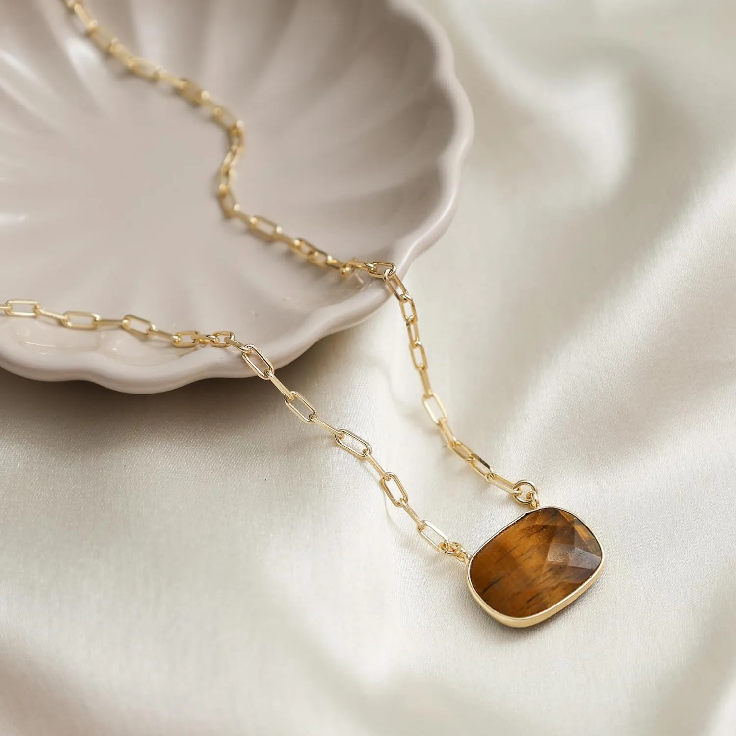 Gempires Tiger Eye Necklace, Brown Crystal Pendant, Bezel Necklace, Hypoallergenic 14k Gold Plating, Gift for s, Cushion Cut Pendant Necklace With 18 Inch Paper Clip Chain
