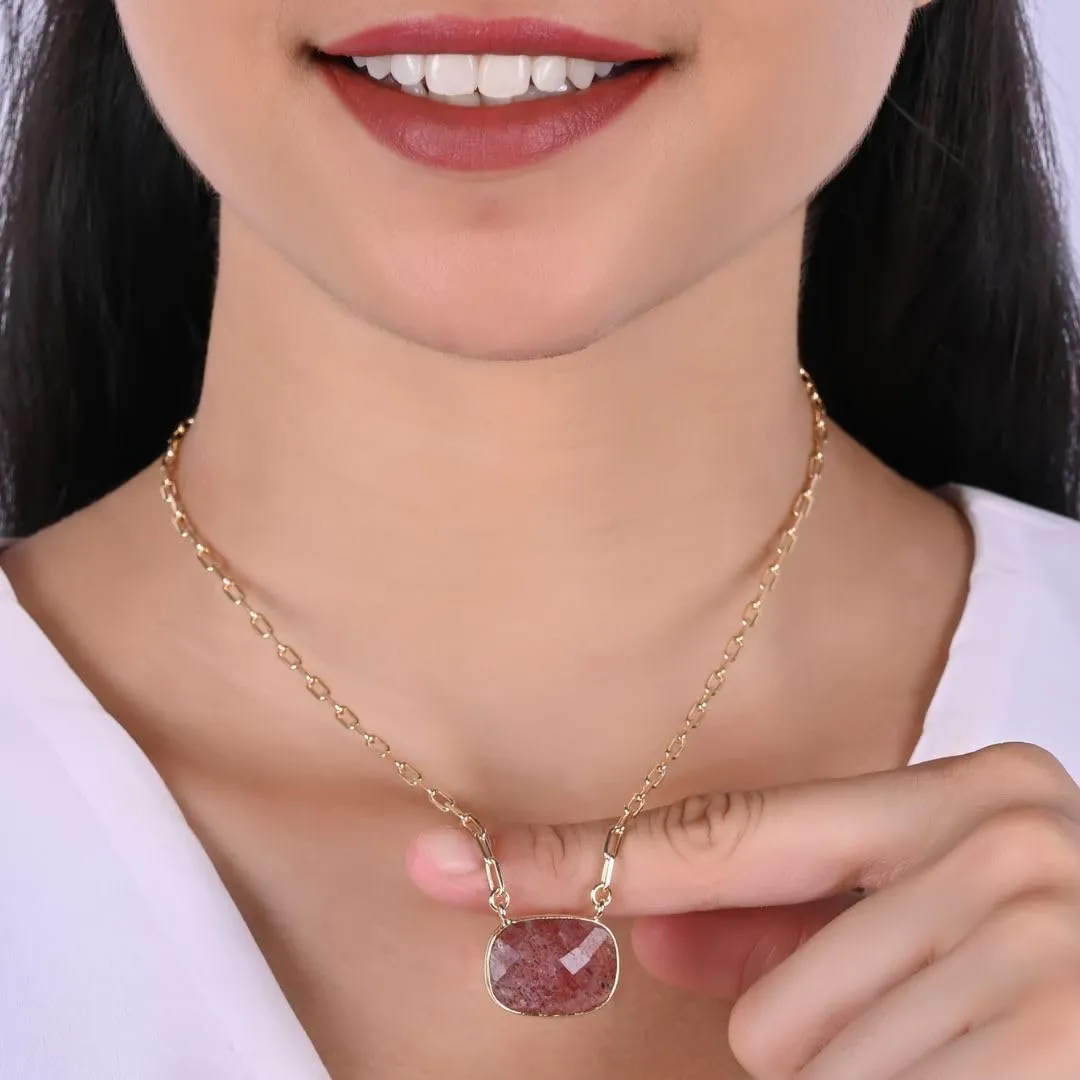 Gempires Tiger Eye Necklace, Brown Crystal Pendant, Bezel Necklace, Hypoallergenic 14k Gold Plating, Gift for s, Cushion Cut Pendant Necklace With 18 Inch Paper Clip Chain