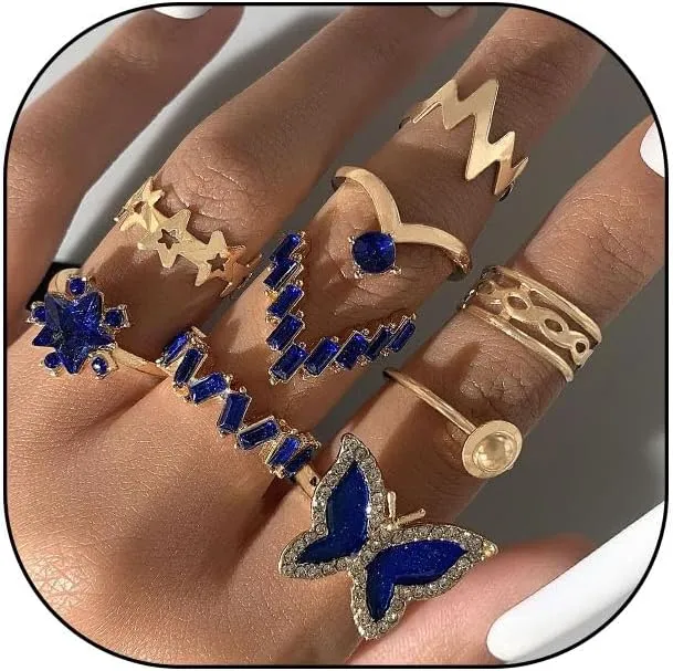 GIGB PBDK Vintage Knuckle Rings Set for Women Chunky Gold Crystal Stackable Joint Finger Rings Fashion Boho Butterfly Rings Pack Jewelry Gifts