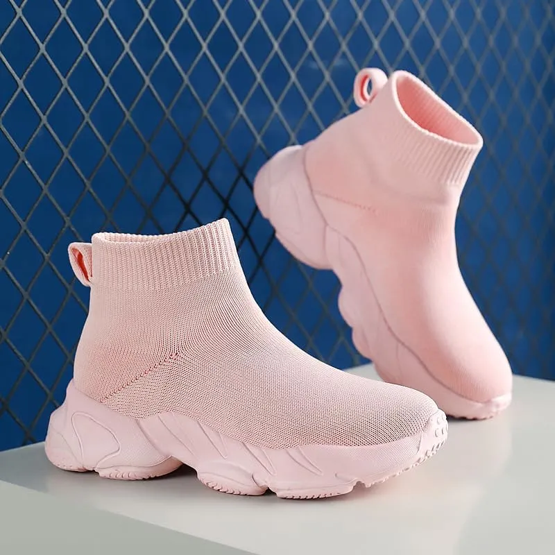 Girls' Walking Shoes; Lightweight Soft Sole; Girls' Casual Shoes; Slip-on Socks Shoes; Knitted Shoes. Pink