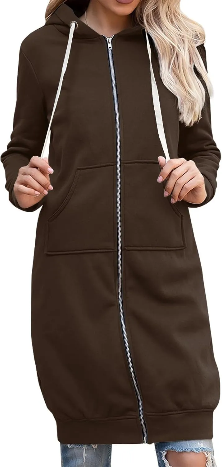 GOFULY Sweatshirt Dress Women Lightweight Zip Up Hoodies Fleece Fall Long Sleeve Drawstring Clothes Solid Jacket With Pockets