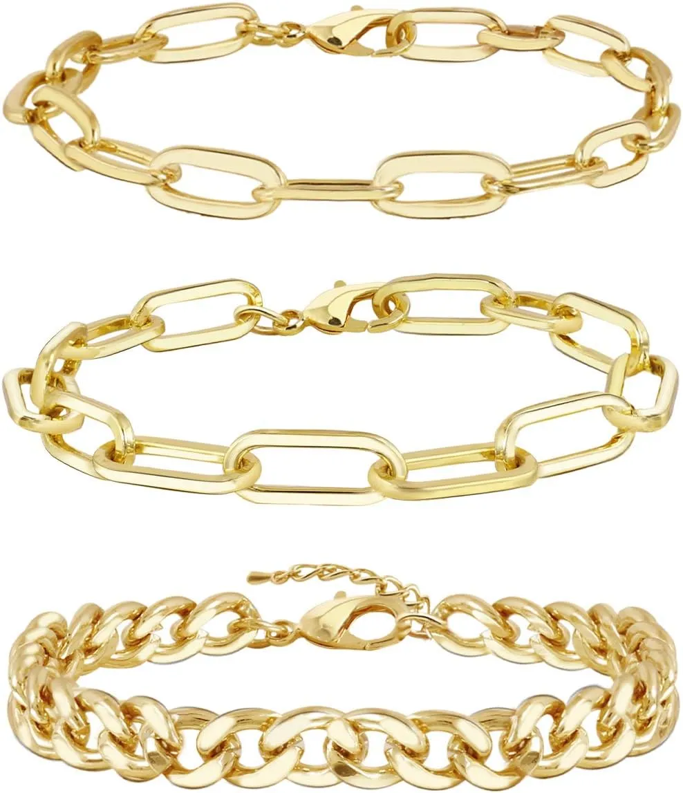 Gold Bracelets for Women14K Gold Plated Dainty Link Paperclip Bracelet Stack Gold Small Ball Beads Bracelets Adjustable Layered Metal Link Bracelet