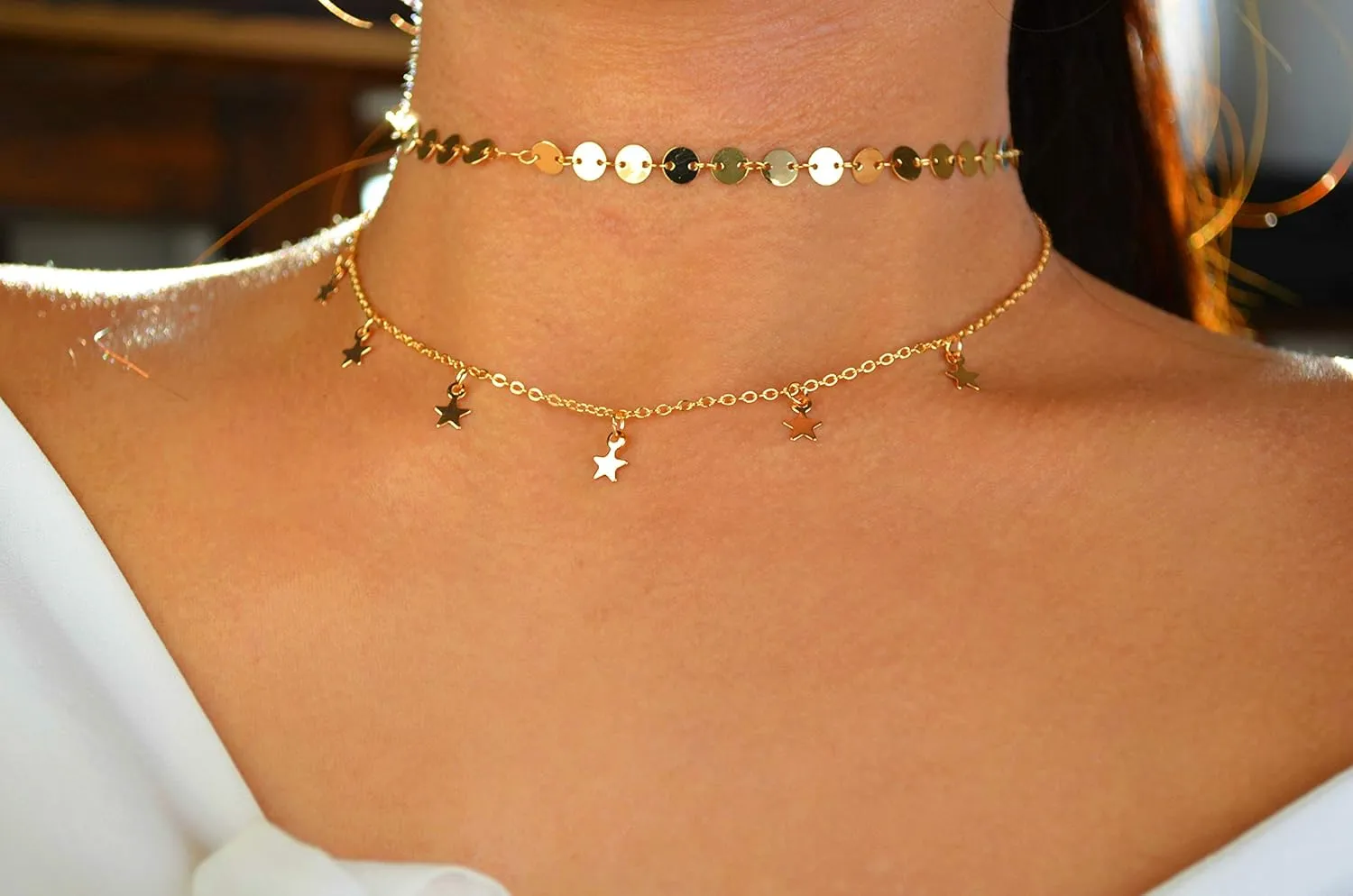 Gold Choker Necklaces 14K Gold Plated/Silver Disc Choker Necklaces Dangling Star Heart Pendant Necklaces Summer Beach Boho Necklaces Aesthetic Necklace Gift for Women