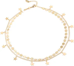 Gold Choker Necklaces 14K Gold Plated/Silver Disc Choker Necklaces Dangling Star Heart Pendant Necklaces Summer Beach Boho Necklaces Aesthetic Necklace Gift for Women