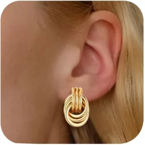 Gold Clip On Earrings for Women Knot Link Trendy Chunky Non Pierced Earring 14K Gold Plated Hoops Drop Dangle Earrings Lightweight Jewelry