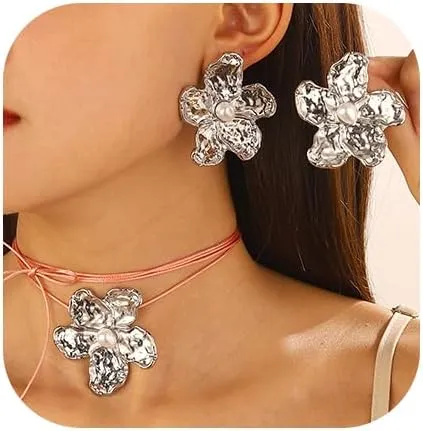 Gold Flower Earrings and Necklace Set for Women Floral Choker Flower Pearl Stud Earrings Statement Jewelry