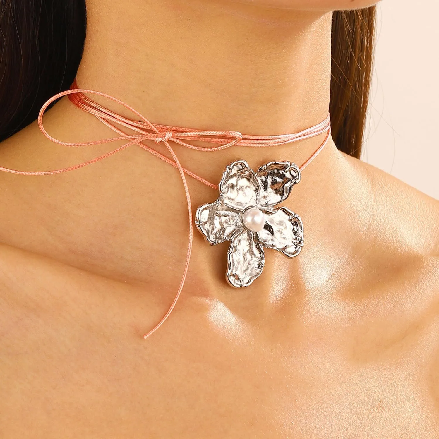 Gold Flower Earrings and Necklace Set for Women Floral Choker Flower Pearl Stud Earrings Statement Jewelry
