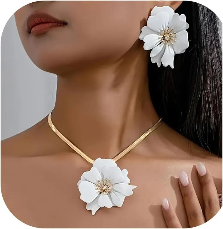 Gold Flower Earrings Necklace Set Spring Earrings for Women Flower Pendant Necklace White Flower Statement Earring Spring Trendy Jewelry Dresses