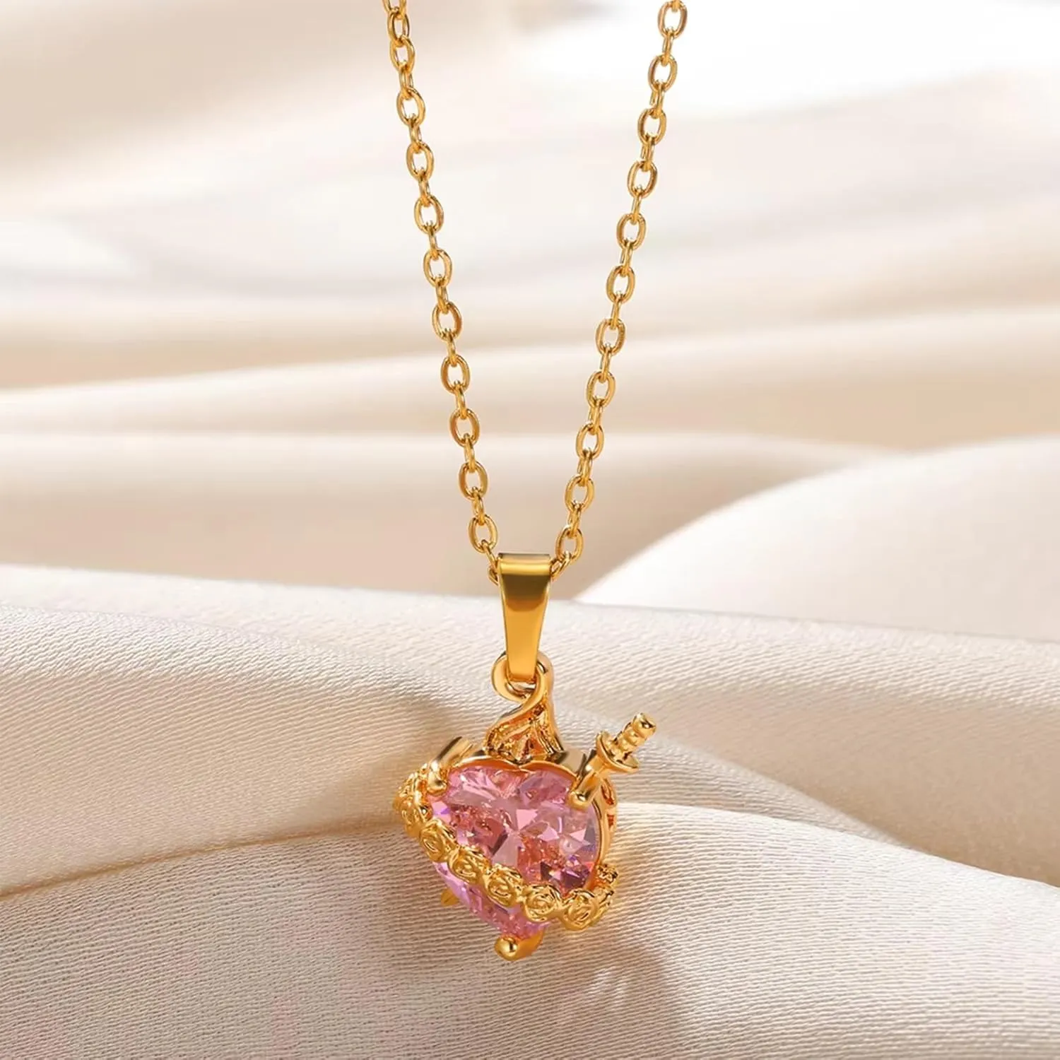 Gold Sacred Heart of Jesus Pink Heart of Mary Necklace for Women with Cubic Zirconia Gemstone Religious Jewelry Mother's Day Birthday Gift