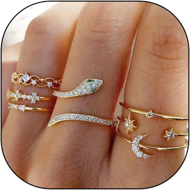 Gold Stackable Rhinestone Knuckle Ring Set for Women Her Boho Retro Moon Snake Geometric Ring Joint Finger Stacking Nail Ring Jewelry