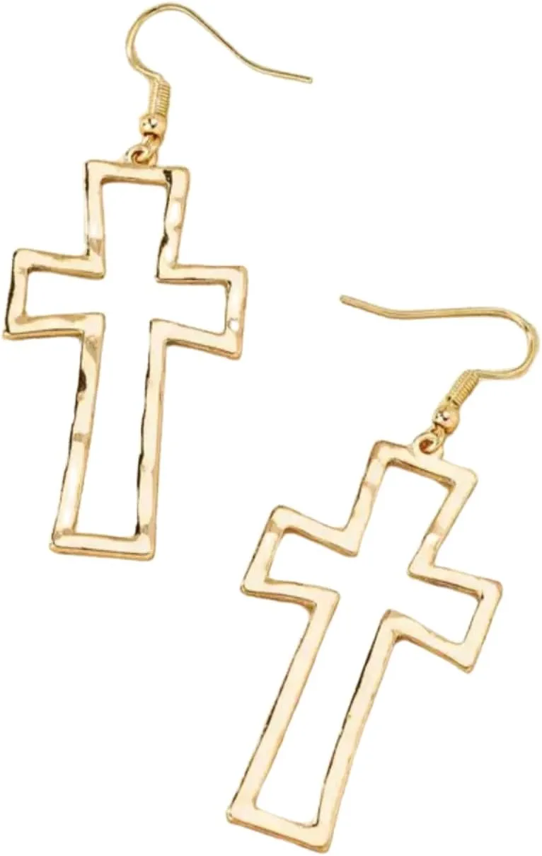 Gold-Tone Cross Dangle Earrings, Hollow Design, Fish Hook