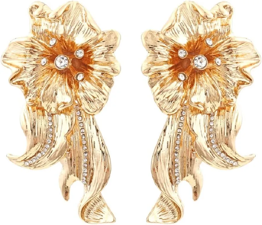 Golden Flower Earrings for Women, Plant Flower Tassel Earrings for Womens, Gold Floral Statement Dangle Earring Hypoallergenic, Floral Petal Drop Earring
