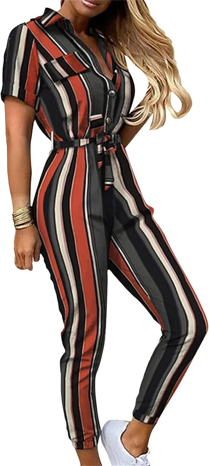 GORIFE Women Casual Collared Jumpsuits Short Sleeve Comfy Long Pant Romper Button Jumpsuits