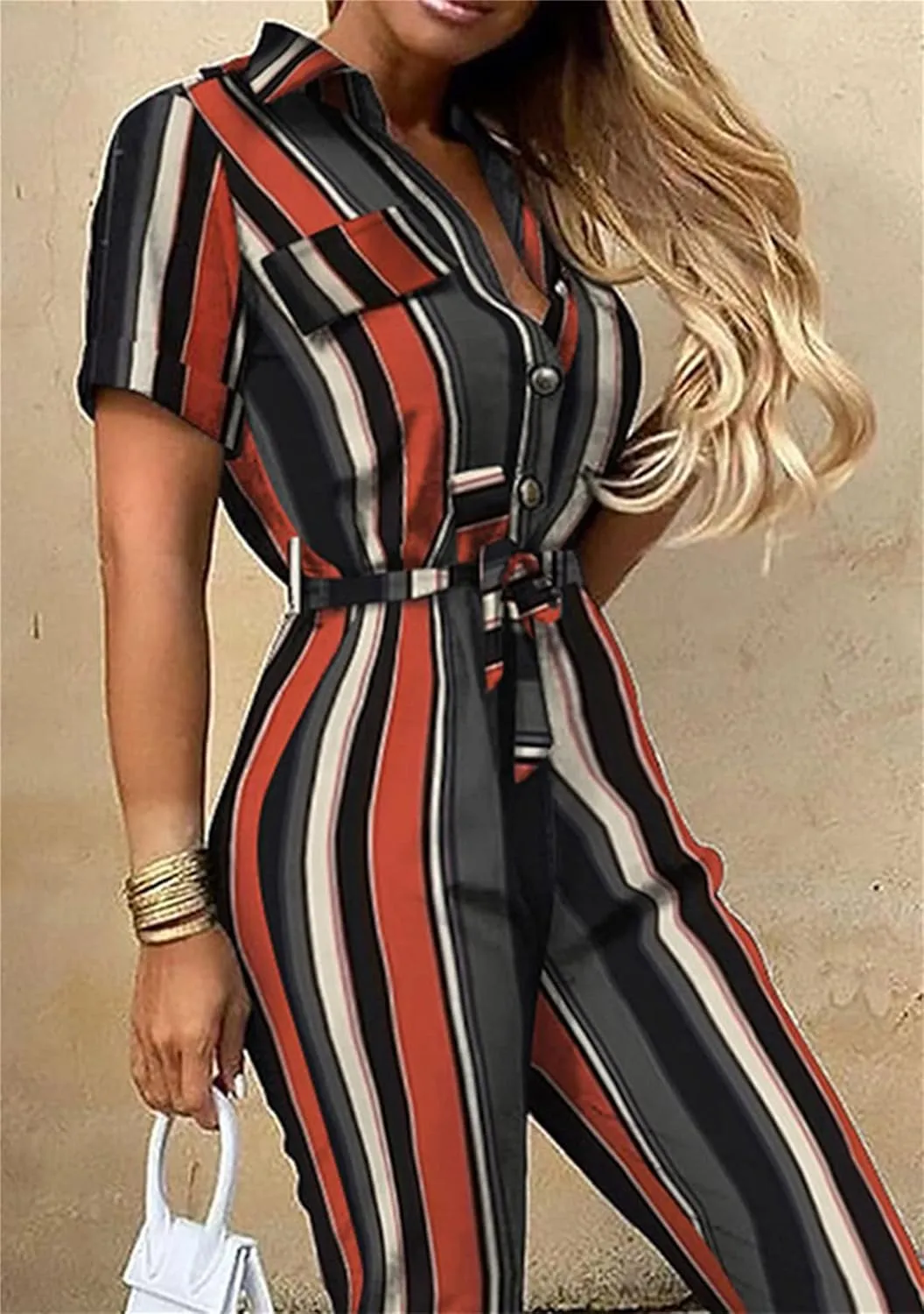GORIFE Women Casual Collared Jumpsuits Short Sleeve Comfy Long Pant Romper Button Jumpsuits
