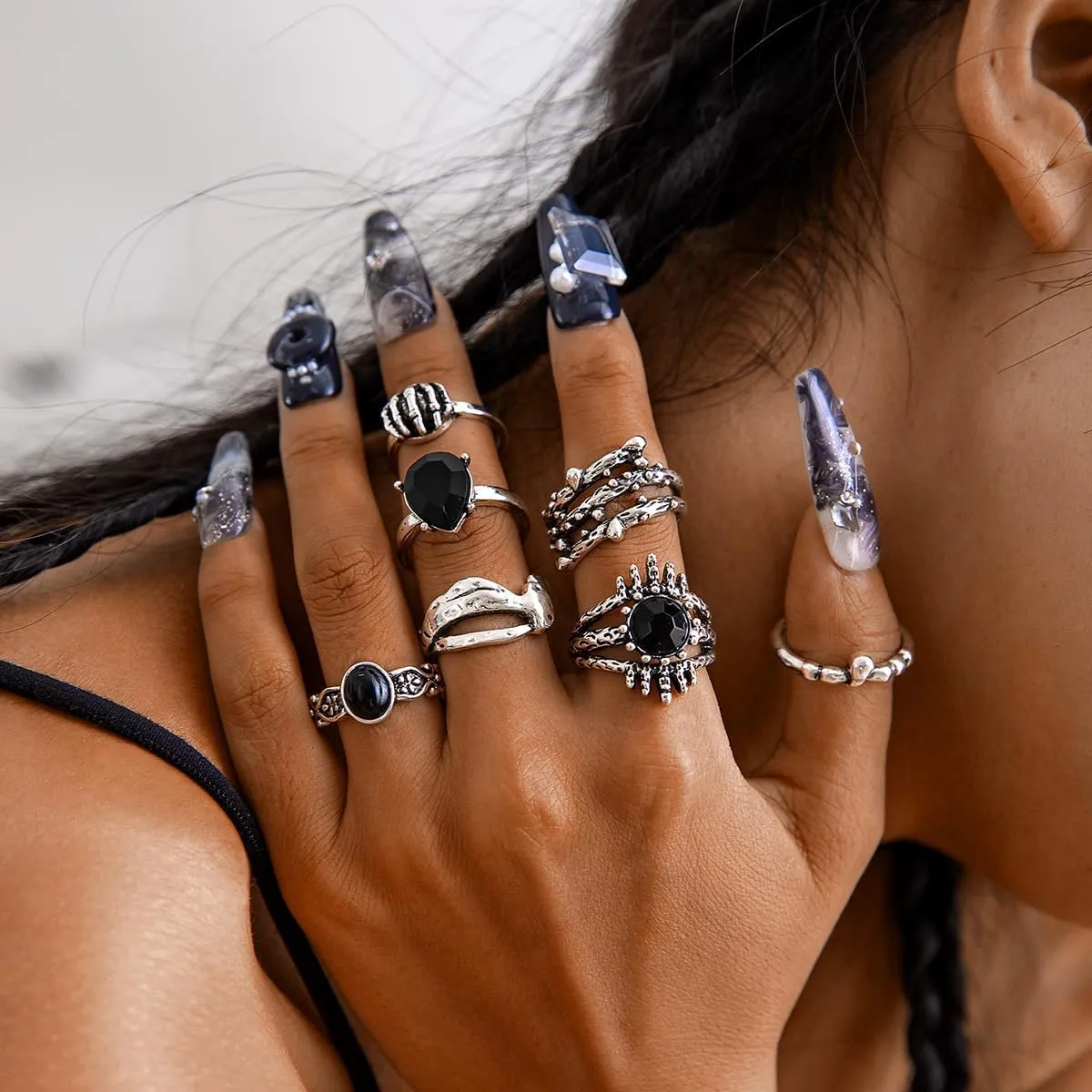 Gothic Silver Ring Set for Women,Vintage Punk Snake Cobweb Spider Skeleton Bat Claw Ring Set Halloween Stackable Knuckle Rings Outfit Jewelry Goth Costume Accessories