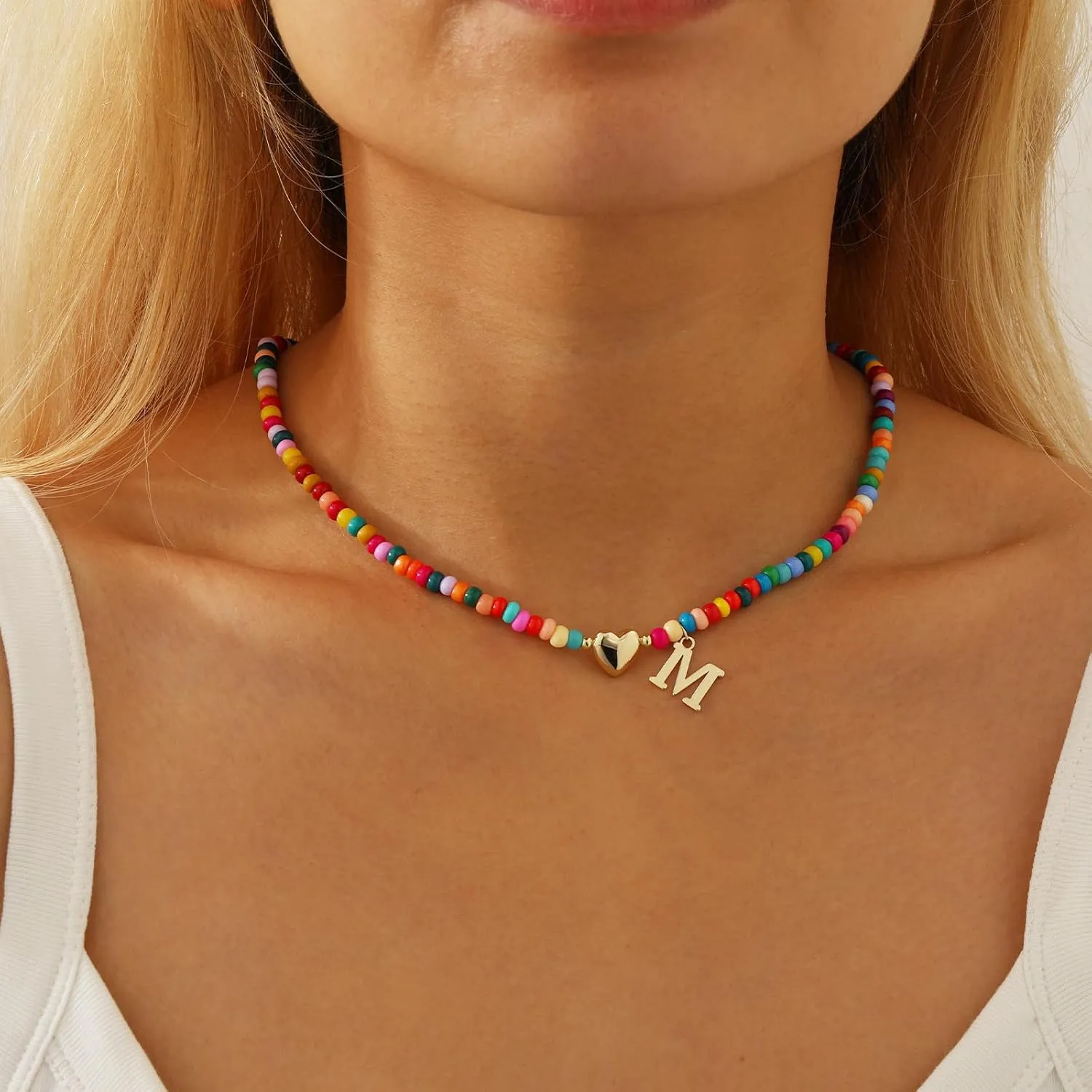 Graduation Gifts-Initial Necklaces for Women Girls Teen Colorful Beaded Charm Letter Alphabet Choker Bohemian Gold/Sliver Plated Pendant with Heart-shaped Metal Y2K Boho Necklace graduation gifts girlfriend wife