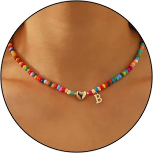 Graduation Gifts-Initial Necklaces for Women Girls Teen Colorful Beaded Charm Letter Alphabet Choker Bohemian Gold/Sliver Plated Pendant with Heart-shaped Metal Y2K Boho Necklace graduation gifts girlfriend wife