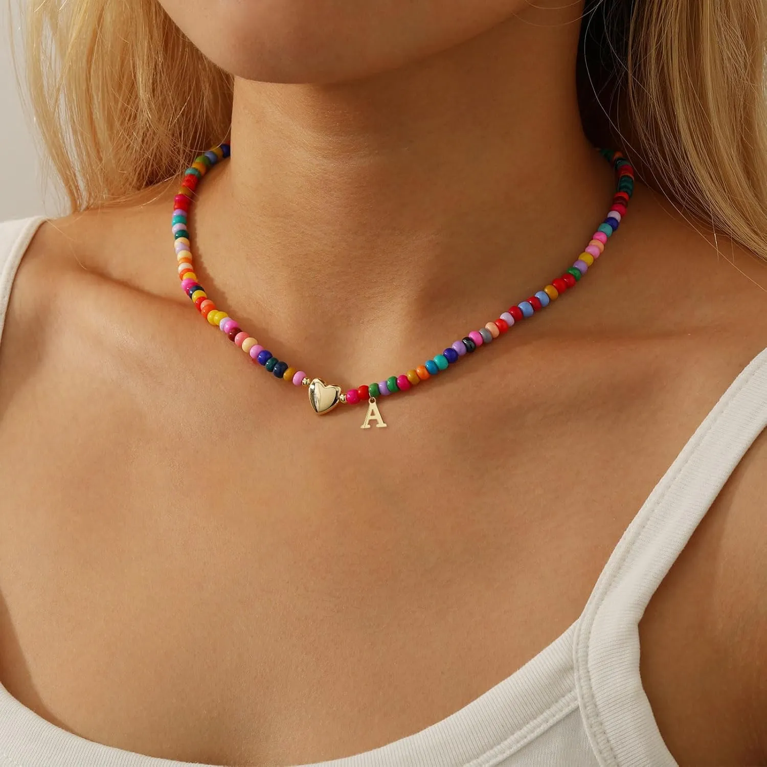 Graduation Gifts-Initial Necklaces for Women Girls Teen Colorful Beaded Charm Letter Alphabet Choker Bohemian Gold/Sliver Plated Pendant with Heart-shaped Metal Y2K Boho Necklace graduation gifts girlfriend wife