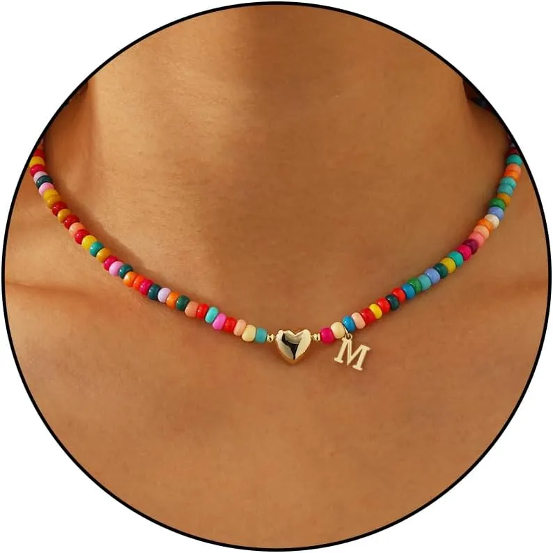 Graduation Gifts-Initial Necklaces for Women Girls Teen Colorful Beaded Charm Letter Alphabet Choker Bohemian Gold/Sliver Plated Pendant with Heart-shaped Metal Y2K Boho Necklace graduation gifts girlfriend wife