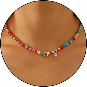 Graduation Gifts-Initial Necklaces for Women Girls Teen Colorful Beaded Charm Letter Alphabet Choker Bohemian Gold/Sliver Plated Pendant with Heart-shaped Metal Y2K Boho Necklace graduation gifts girlfriend wife
