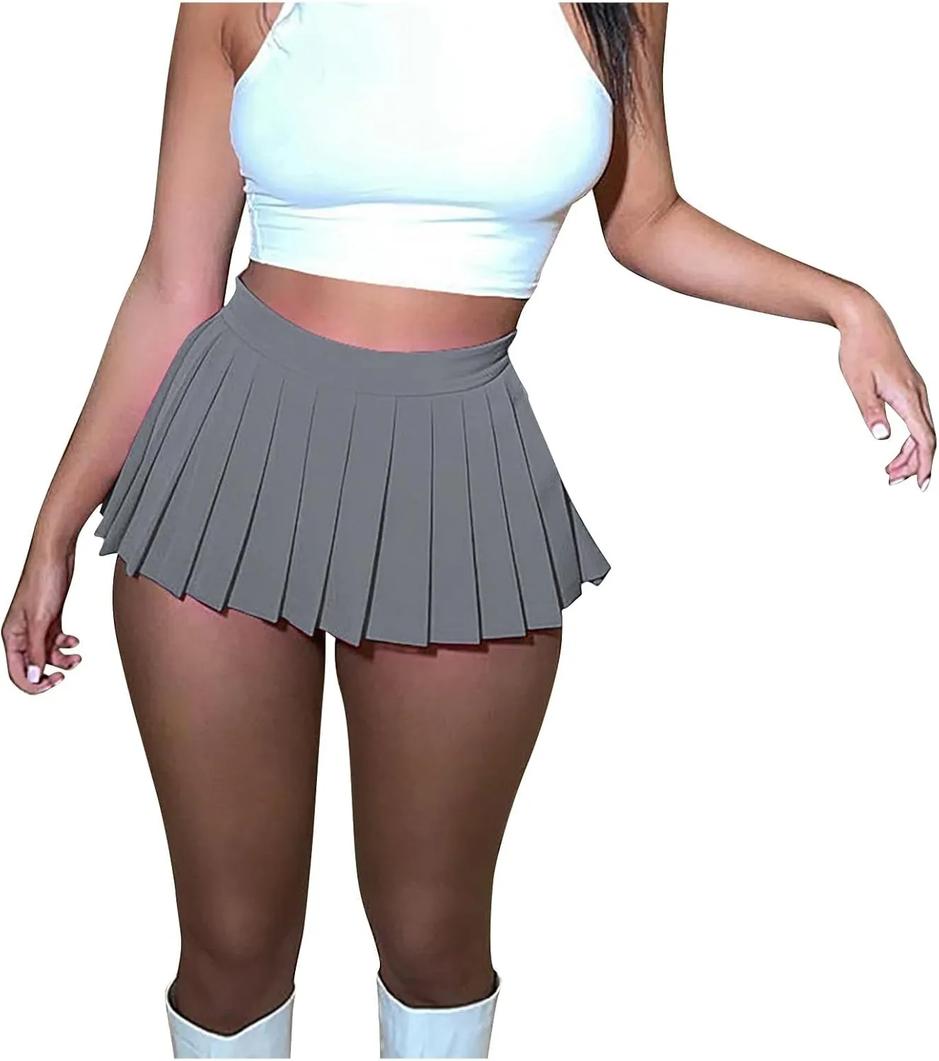 Grey Pleated Skirt for Women Sexy Club Y2k High Wiast Stretchy Tennis Skater A-line Mini Skirts Party Dressy