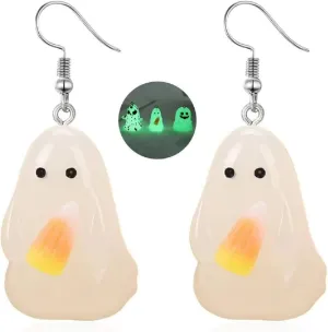 Halloween Ghost Earrings for Women Glow in the Dark Pendant Earrings Candy Corn Earrings Spooky Ghost Drop Earrings Bloody 3D Ghost Dangle Earrings Light Up Halloween Earrings Halloween Theme Jewelry