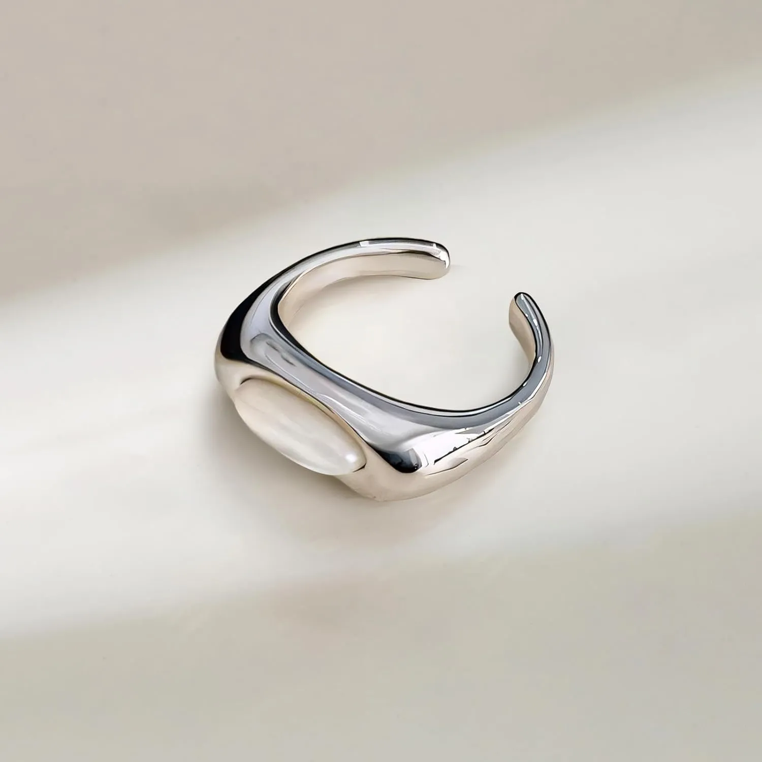 Handmade 925 Sterling Silver Rings For Women Pearl Rings Dome Ring Signet Rings Open Adjustable Ring For Women Stackable Finger Rings Simple Silver Rings Minimalist Statement Ring Stylish Jewelry Gift