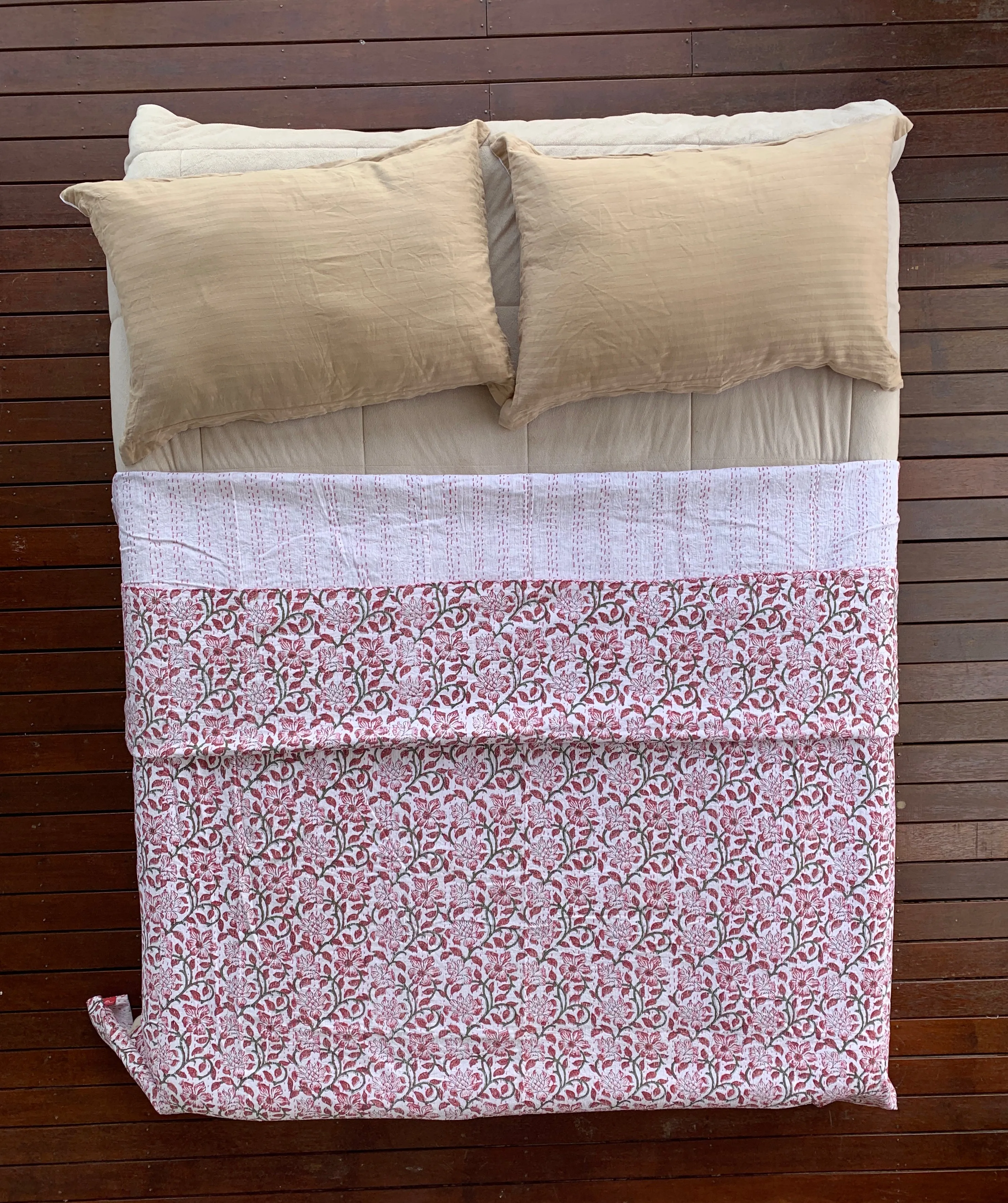 Handmade Pink Flower Block Print Cotton Kantha Quilt Bedspread